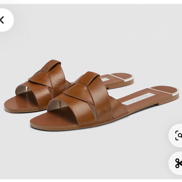 Zara size 40 brown cognac chestnut faux leather slides sandals - Picture 8 of 9